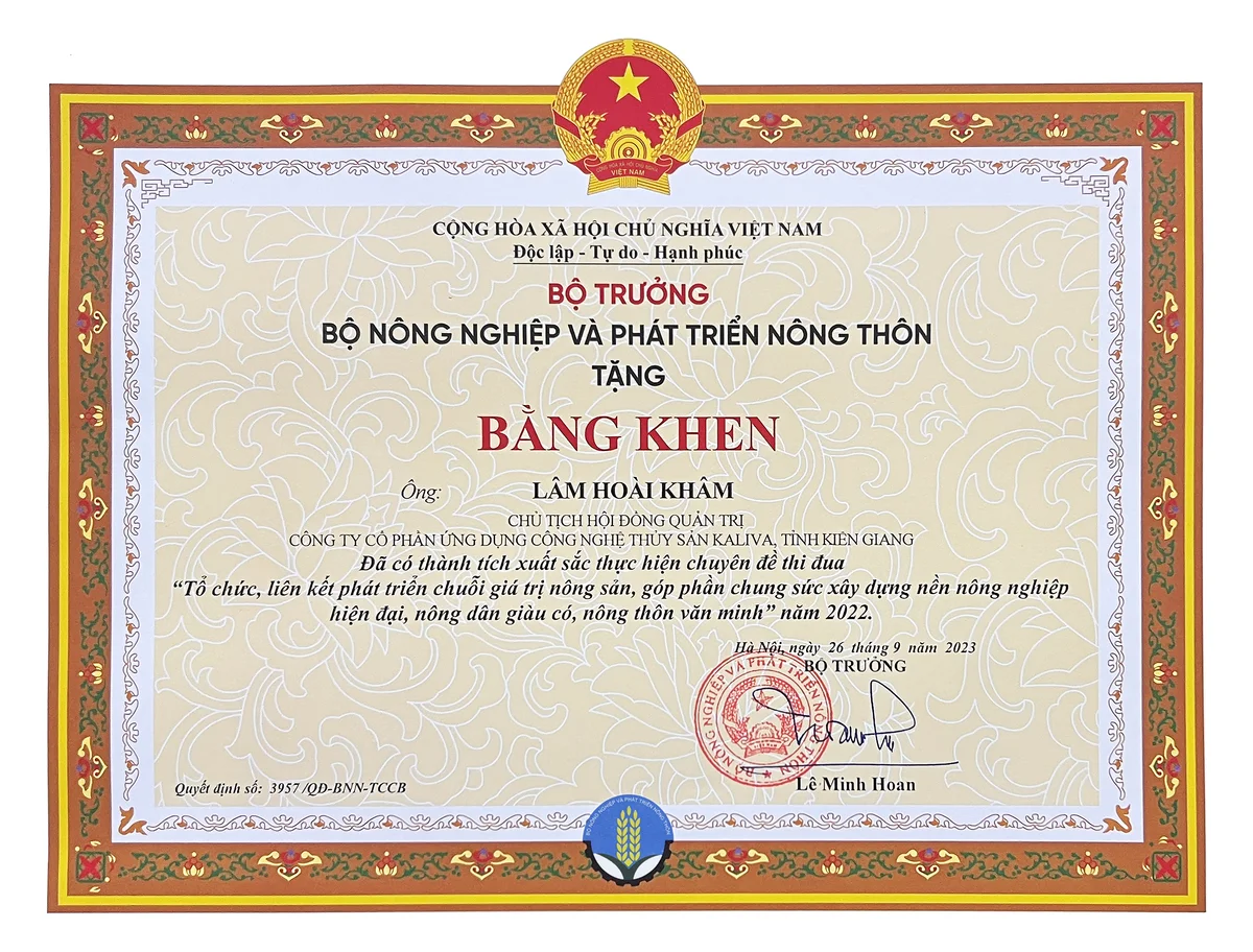 Bằng Khen Bộ Trưởng Bộ NN&PTNT 2022